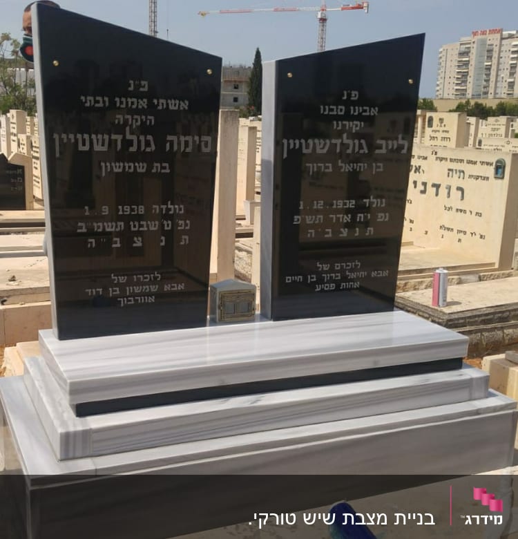 מצבות שחורות עם כיתוב בעברית בבית קברות